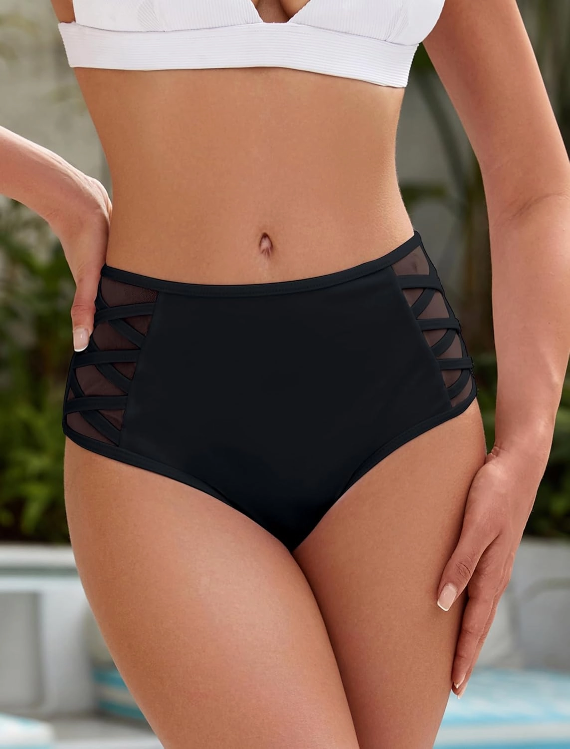 ZAFUL Women High Waist Bikini Bottom Side Mesh Spliced Tankini Swimsuit Swim Briefs Bathing Suit Bottom