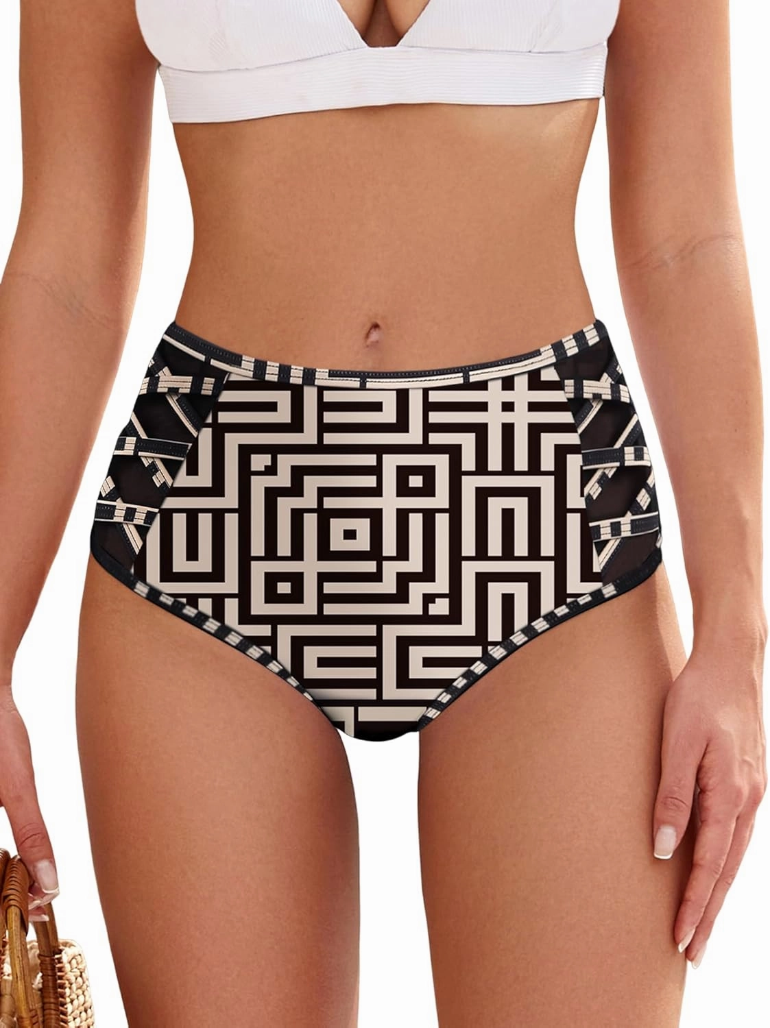 ZAFUL Women High Waist Bikini Bottom Side Mesh Spliced Tankini Swimsuit Swim Briefs Bathing Suit Bottom