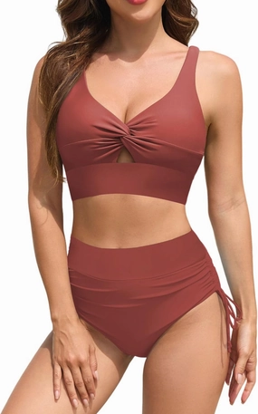 ZAFUL Women High Waisted Bikini Sets Color Block Swimsuit Two Piece Knot Twist Cut Out Drawstring Bathing Suit