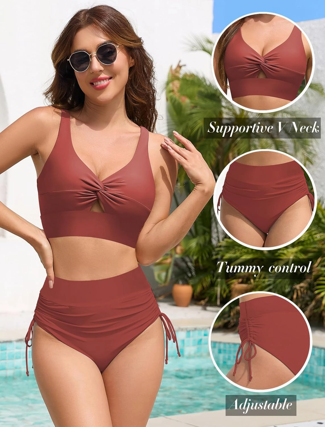 ZAFUL Women High Waisted Bikini Sets Color Block Swimsuit Two Piece Knot Twist Cut Out Drawstring Bathing Suit