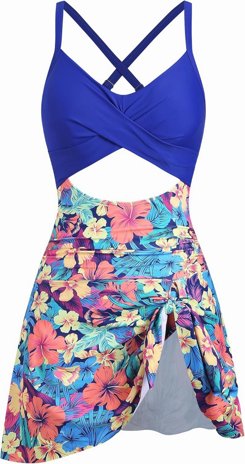 ZAFUL Women One Piece Swimdress Tummy Control Bathing Suit Push Up Swimsuit Modest Swimwear Cutout V Neck Cute Tie Knot Skirt