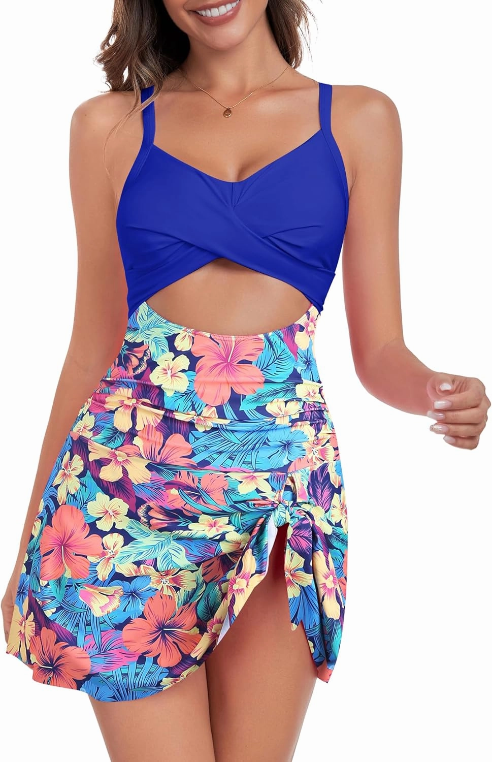 ZAFUL Women One Piece Swimdress Tummy Control Bathing Suit Push Up Swimsuit Modest Swimwear Cutout V Neck Cute Tie Knot Skirt