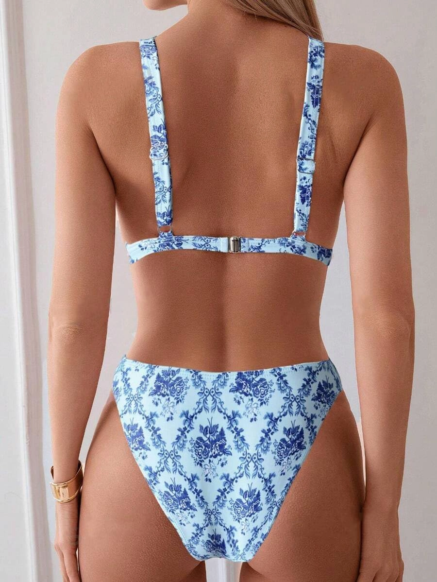 ZAFUL Women's 2 Piece Floral Print Swimsuit Triangle String High Cut Bikini Sets Bathing Suit