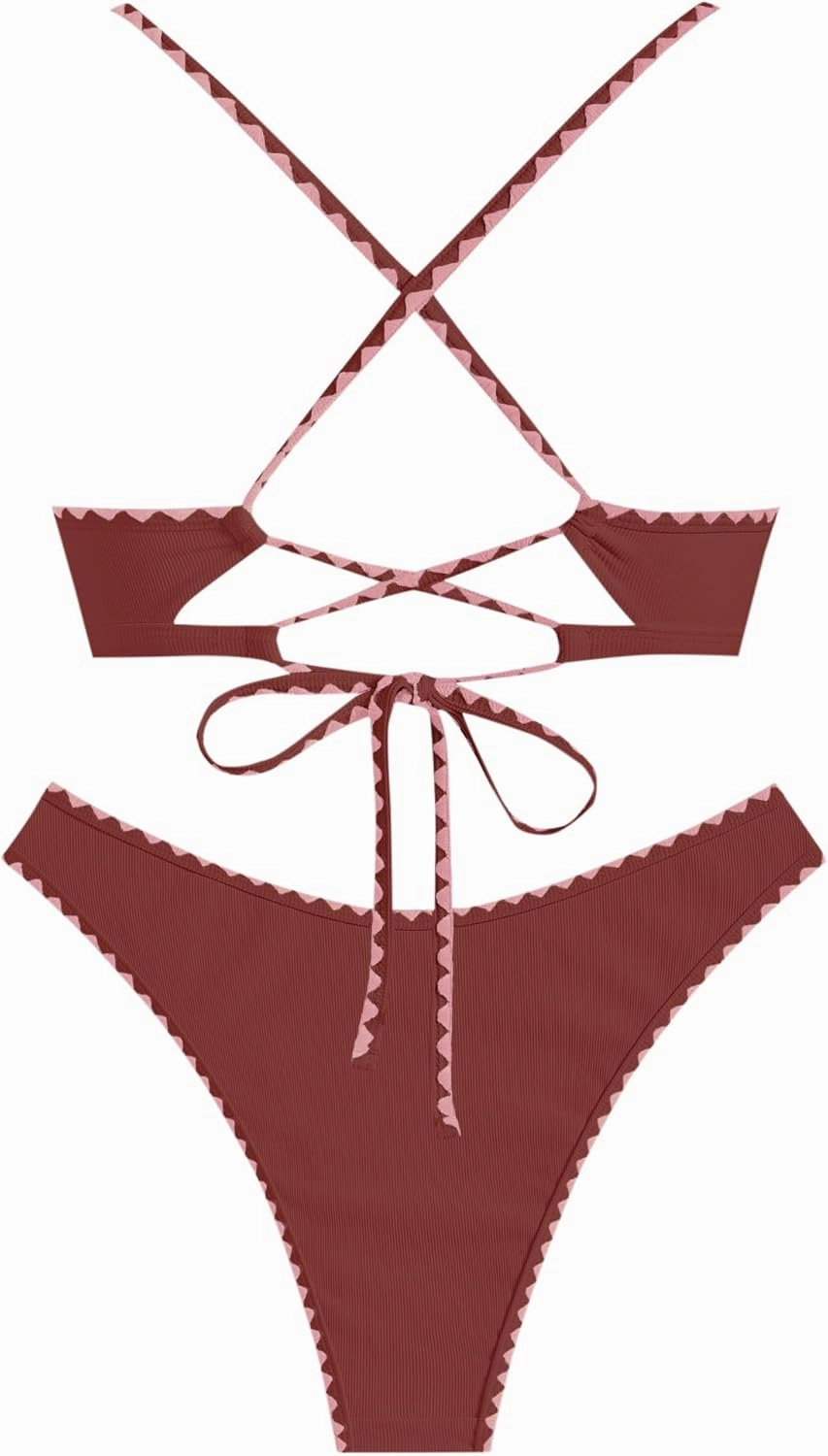 ZAFUL Women's Bikini Set Criss Cross Back Two Piece Swimsuits Scoop Neck Splicing Lace Up Textured Bathing Suits