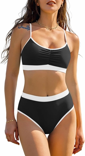 ZAFUL Women's Bikini Set Criss Cross Back Two Piece Swimsuits Scoop Neck Splicing Lace Up Textured Bathing Suits
