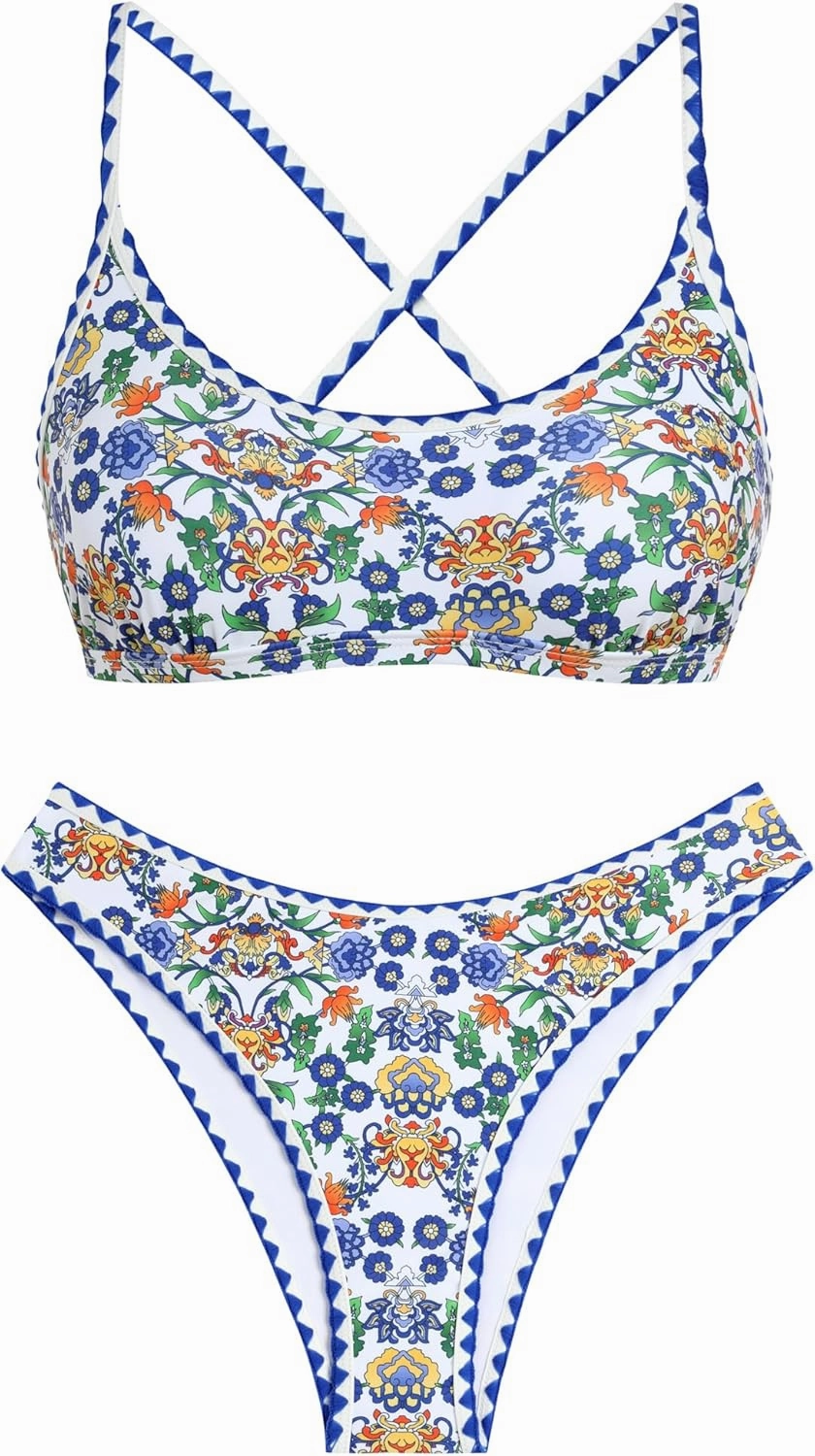 ZAFUL Women's Bikini Set Criss Cross Back Two Piece Swimsuits Scoop Neck Splicing Lace Up Textured Bathing Suits