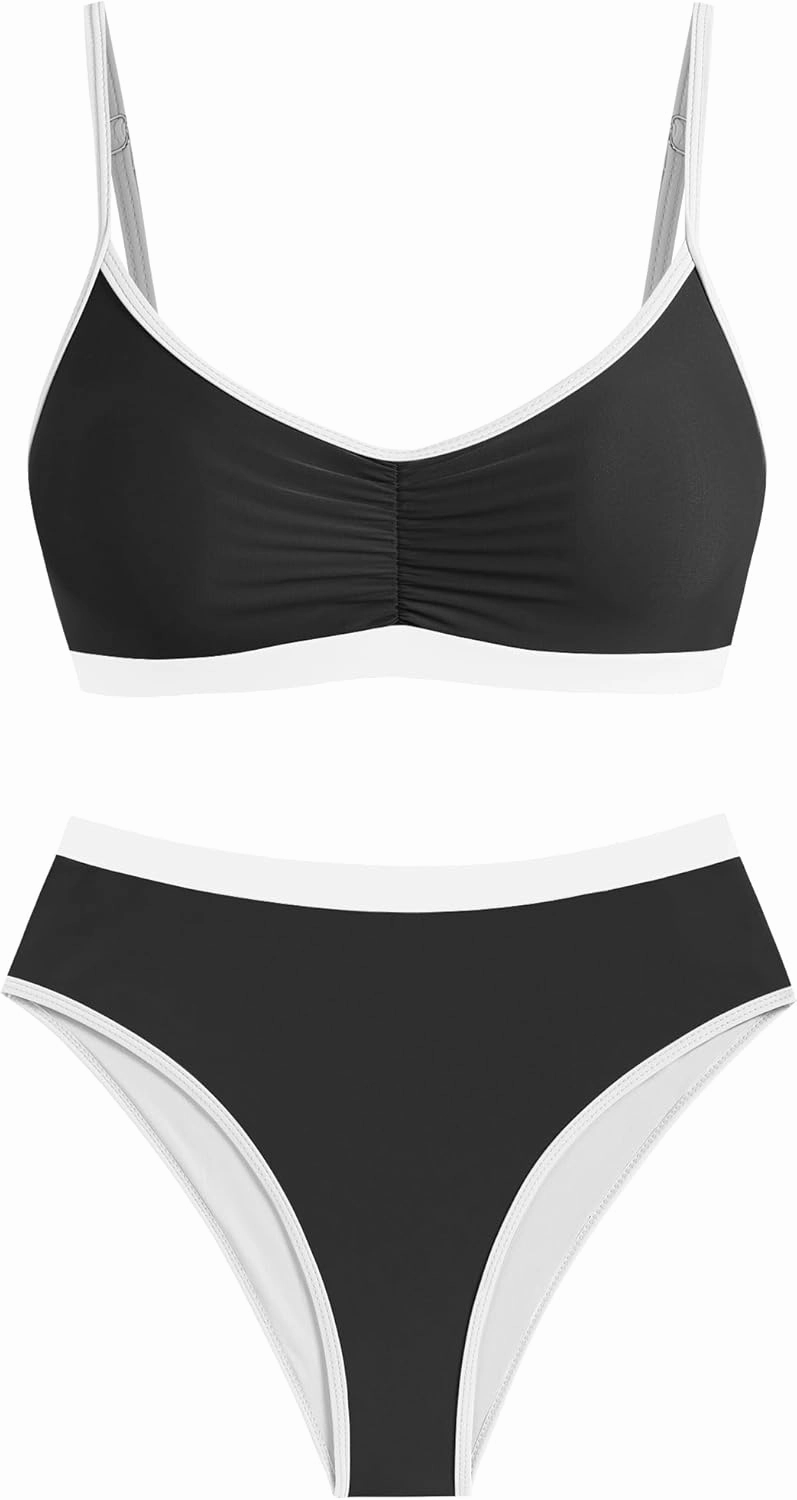 ZAFUL Women's Bikini Set Criss Cross Back Two Piece Swimsuits Scoop Neck Splicing Lace Up Textured Bathing Suits