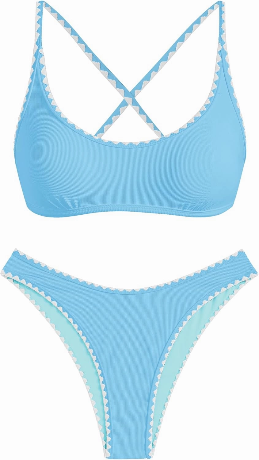 ZAFUL Women's Bikini Set Criss Cross Back Two Piece Swimsuits Scoop Neck Splicing Lace Up Textured Bathing Suits