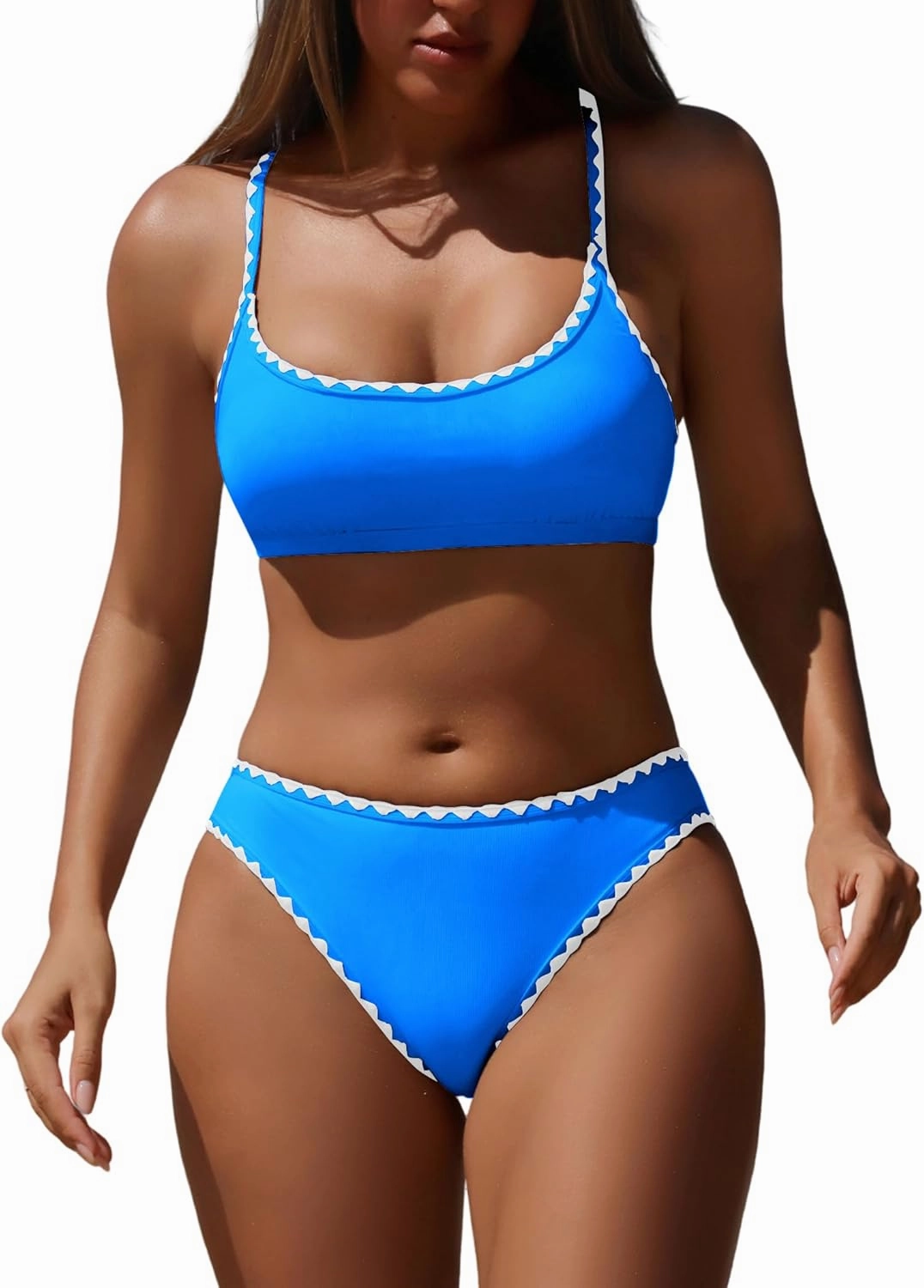 ZAFUL Women's Bikini Set Criss Cross Back Two Piece Swimsuits Scoop Neck Splicing Lace Up Textured Bathing Suits