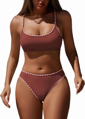 ZAFUL Women's Bikini Set Criss Cross Back Two Piece Swimsuits Scoop Neck Splicing Lace Up Textured Bathing Suits