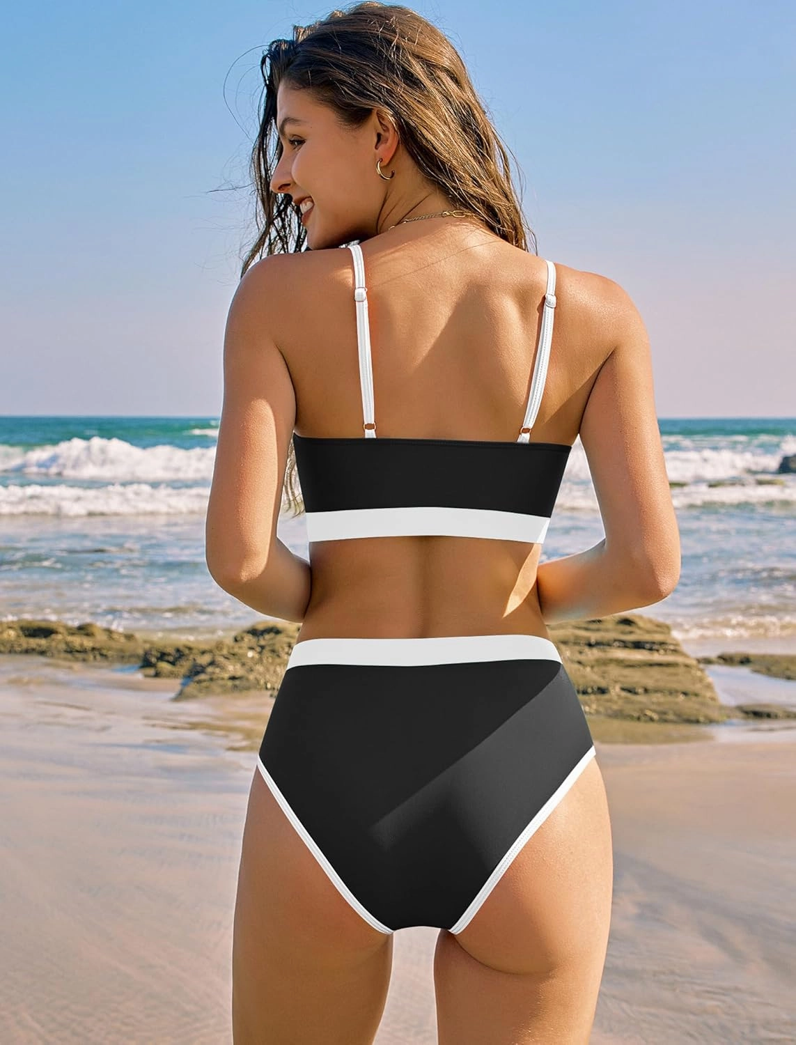 ZAFUL Women's Bikini Set Criss Cross Back Two Piece Swimsuits Scoop Neck Splicing Lace Up Textured Bathing Suits