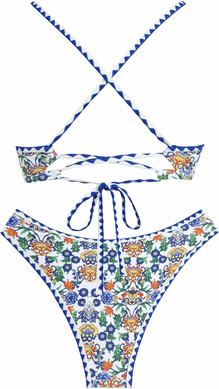 ZAFUL Women's Bikini Set Criss Cross Back Two Piece Swimsuits Scoop Neck Splicing Lace Up Textured Bathing Suits