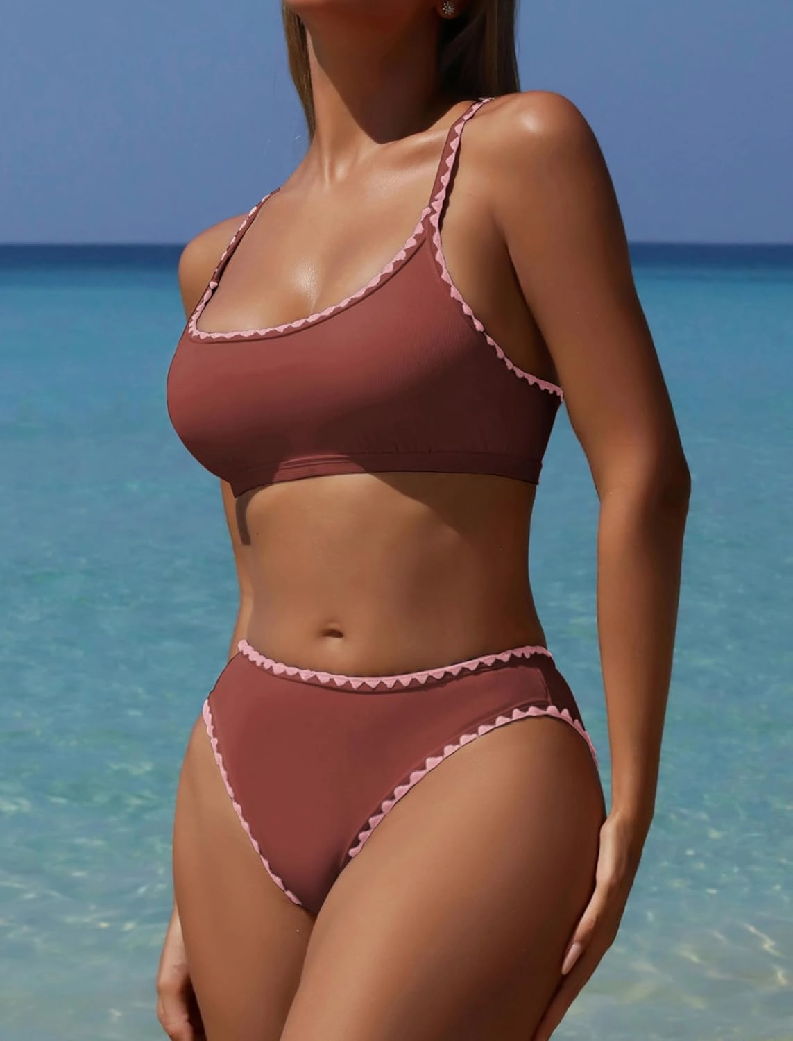 ZAFUL Women's Bikini Set Criss Cross Back Two Piece Swimsuits Scoop Neck Splicing Lace Up Textured Bathing Suits