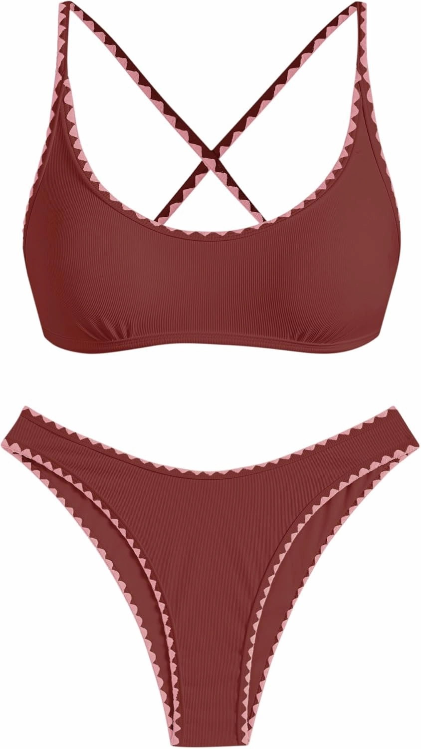 ZAFUL Women's Bikini Set Criss Cross Back Two Piece Swimsuits Scoop Neck Splicing Lace Up Textured Bathing Suits