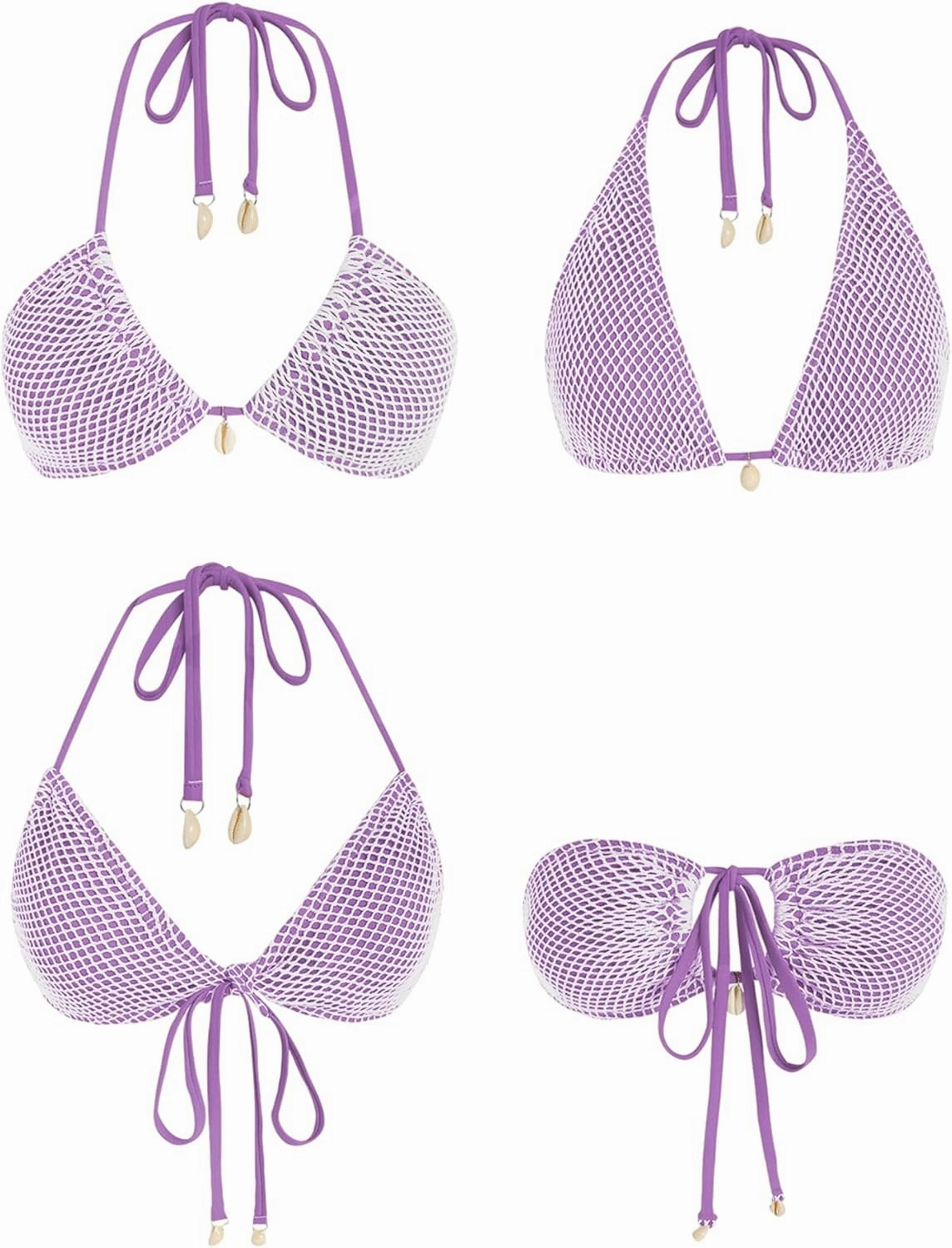 ZAFUL Women's Bikini Set Fishnet Triangle Tie Convertible Collar Halter Bandeau Shell Two Piece Bathing Suit