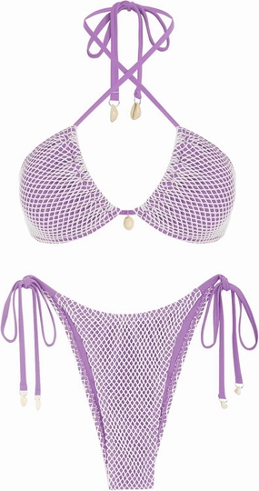 ZAFUL Women's Bikini Set Fishnet Triangle Tie Convertible Collar Halter Bandeau Shell Two Piece Bathing Suit