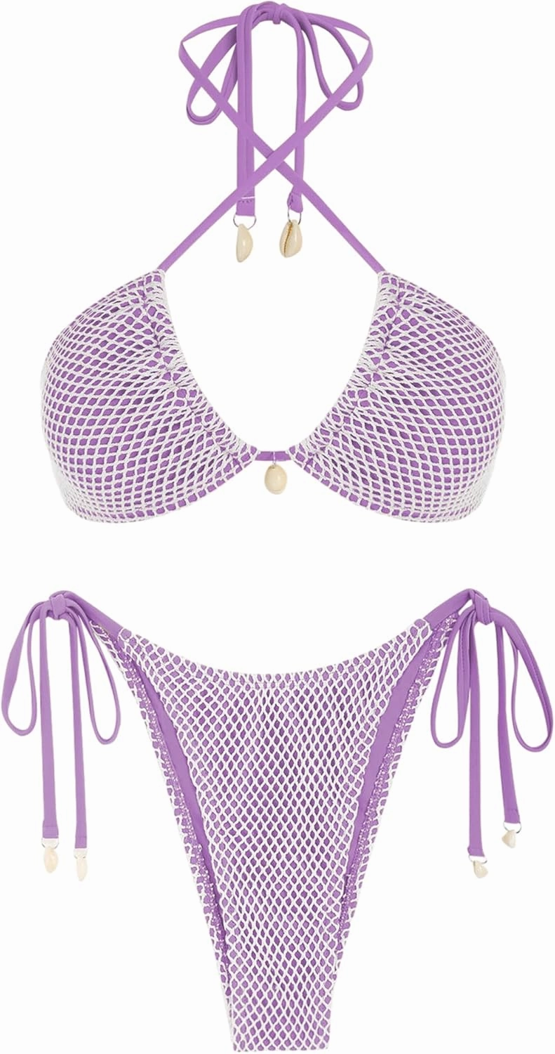 ZAFUL Women's Bikini Set Fishnet Triangle Tie Convertible Collar Halter Bandeau Shell Two Piece Bathing Suit