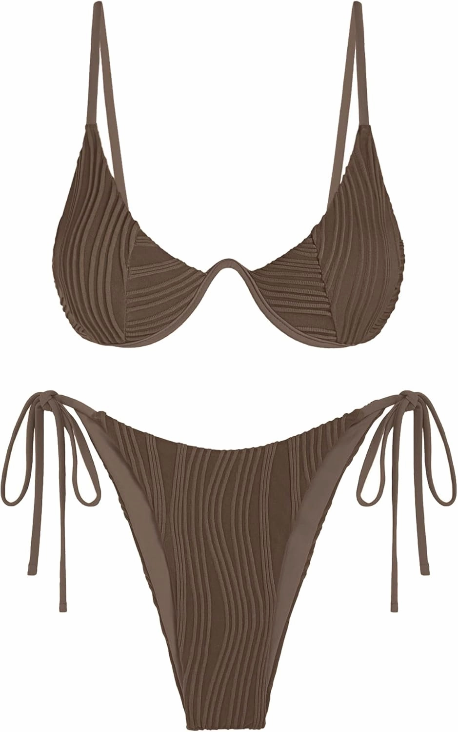 ZAFUL Women's Bikini Sets Ribbed Two Piece Swimsuits Underwire Adjustable Back Clasp Bathing Suit Side Tie Thong Swimwear