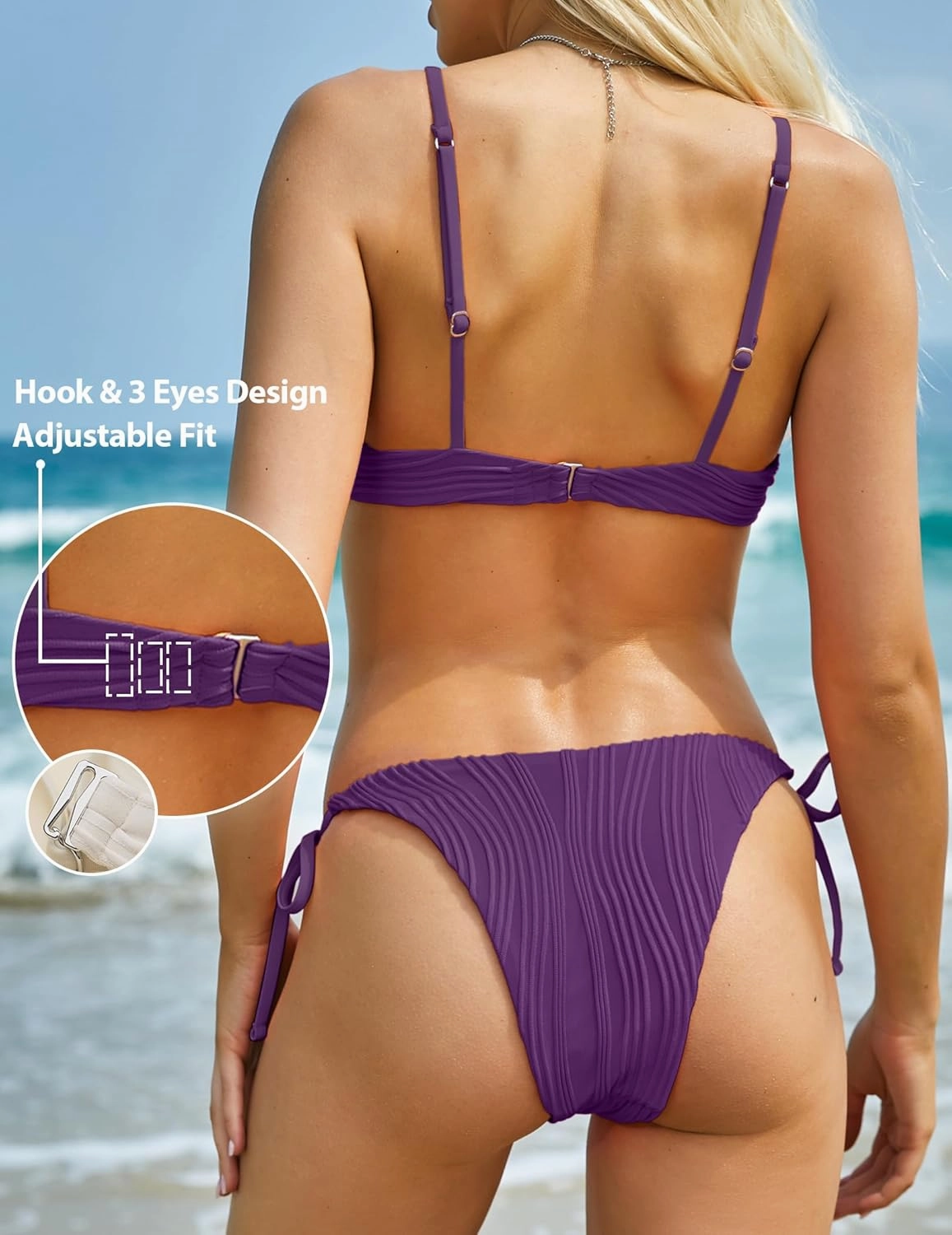 ZAFUL Women's Bikini Sets Ribbed Two Piece Swimsuits Underwire Adjustable Back Clasp Bathing Suit Side Tie Thong Swimwear