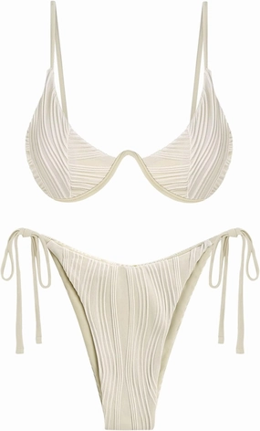 ZAFUL Women's Bikini Sets Ribbed Two Piece Swimsuits Underwire Adjustable Back Clasp Bathing Suit Side Tie Thong Swimwear