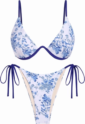 ZAFUL Women's Bikini Sets Ribbed Two Piece Swimsuits Underwire Adjustable Back Clasp Bathing Suit Side Tie Thong Swimwear