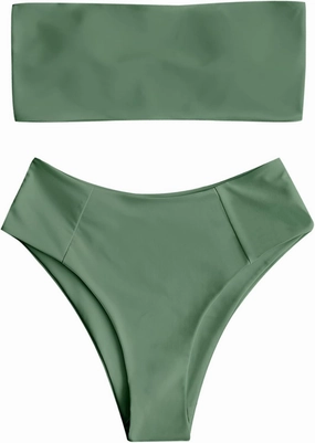 ZAFUL Women's High Cut Bandeau Bikini Set Strapless Solid Color 2 Pieces Bathing Suit Swimsuit