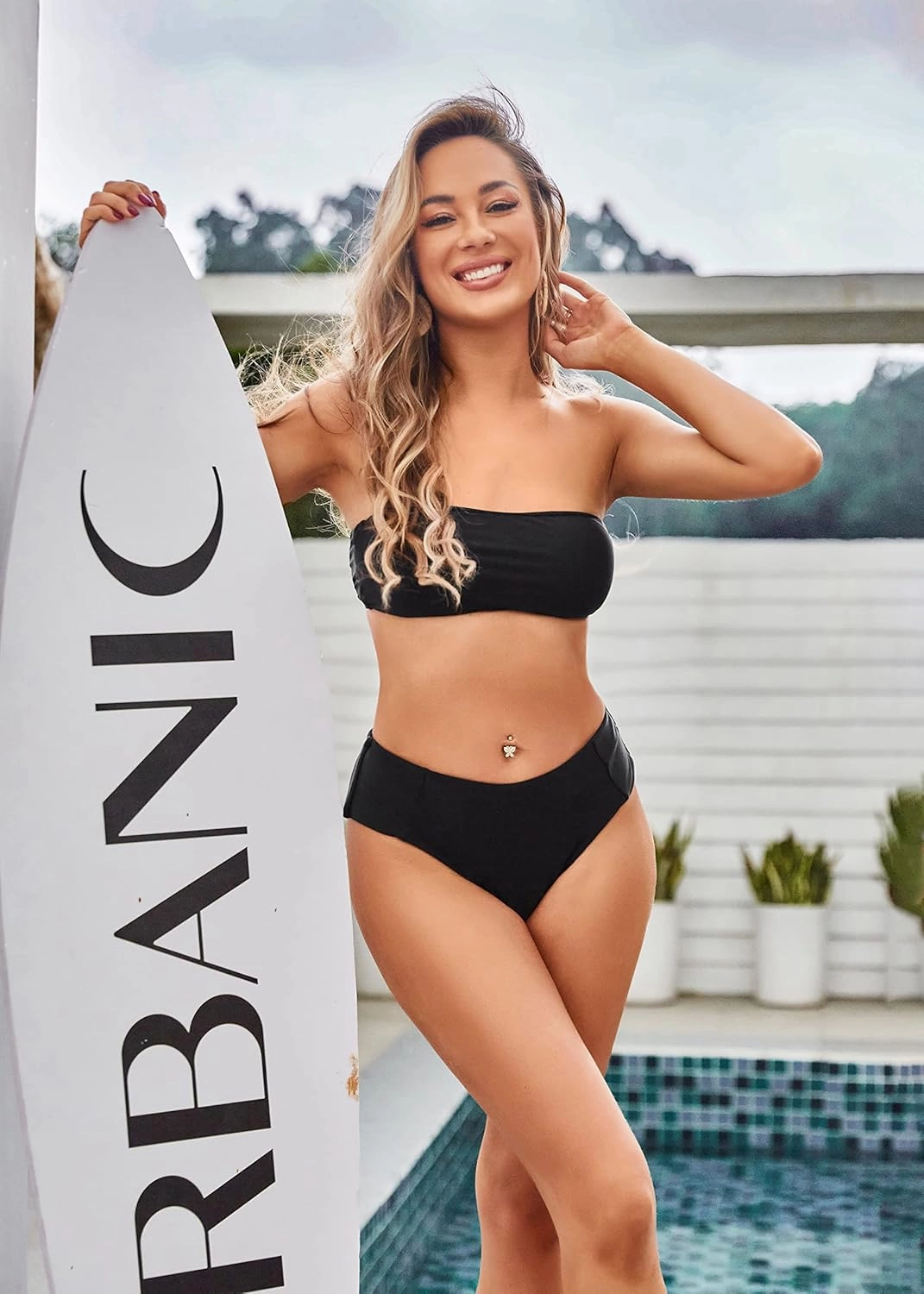 ZAFUL Women's High Cut Bandeau Bikini Set Strapless Solid Color 2 Pieces Bathing Suit Swimsuit