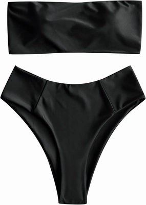 ZAFUL Women's High Cut Bandeau Bikini Set Strapless Solid Color 2 Pieces Bathing Suit Swimsuit