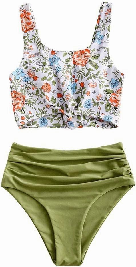 ZAFUL Women's High Waisted Tankini Swimsuit Scoop Neck Ruched Bikini Set Tummy Control 2 Piece Bathing Suit