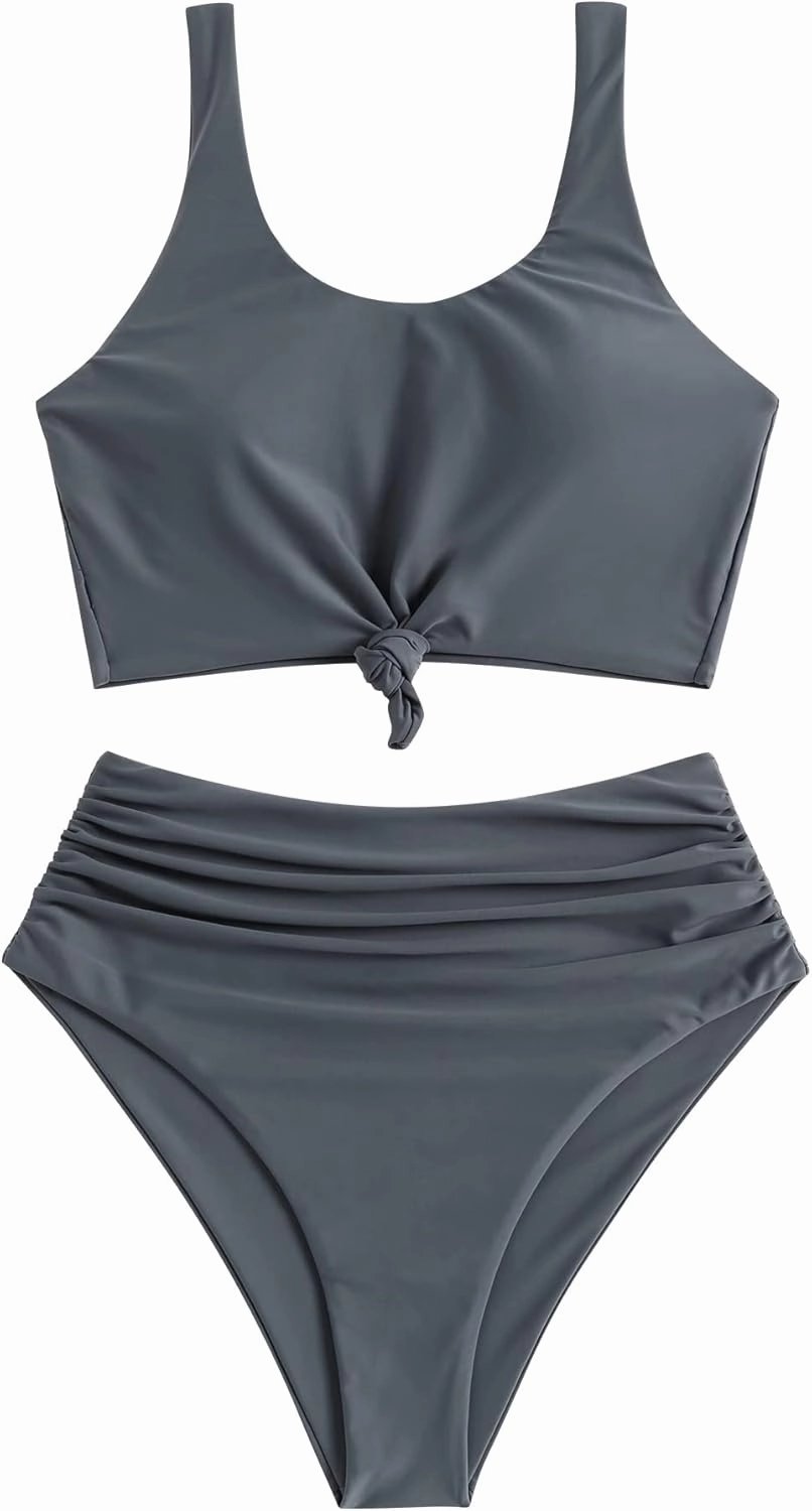 ZAFUL Women's High Waisted Tankini Swimsuit Scoop Neck Ruched Bikini Set Tummy Control 2 Piece Bathing Suit