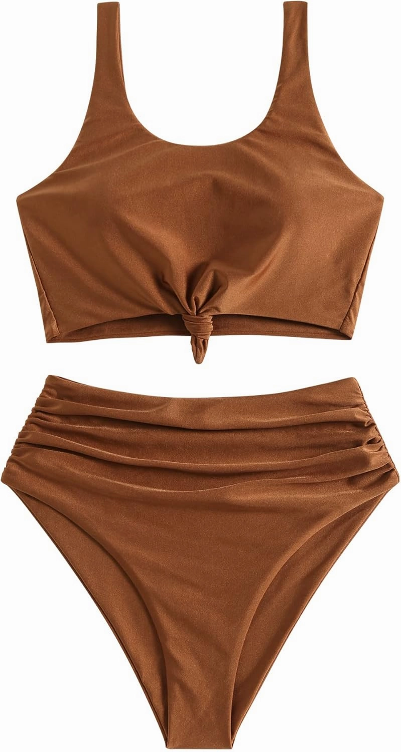 ZAFUL Women's High Waisted Tankini Swimsuit Scoop Neck Ruched Bikini Set Tummy Control 2 Piece Bathing Suit