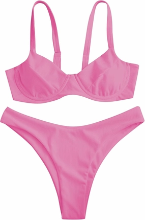 ZAFUL Women's Ribbed Underwire Bikini Set High Cut Colorblock V Notch Swimwear Printed High Leg Swimsuit