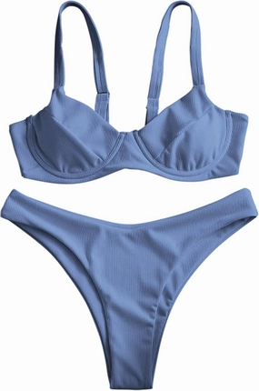 ZAFUL Women's Ribbed Underwire Bikini Set High Cut Colorblock V Notch Swimwear Printed High Leg Swimsuit