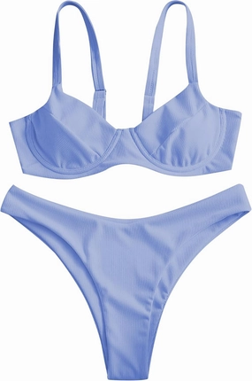 ZAFUL Women's Ribbed Underwire Bikini Set High Cut Colorblock V Notch Swimwear Printed High Leg Swimsuit