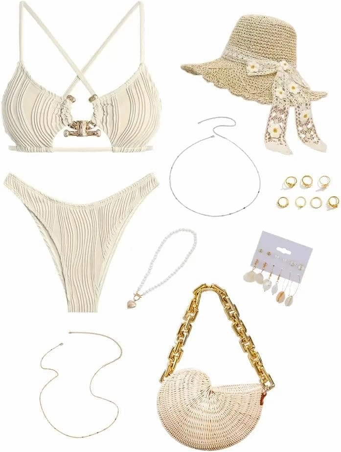 ZAFUL Women's Sexy Cutout Bikini Set High Cut Textured Metal Ring Cheeky Swimsuit Two Piece Bathing Suit