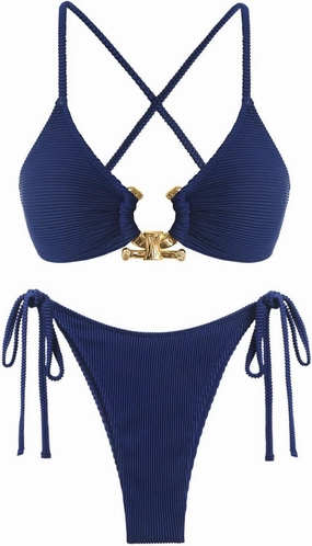 ZAFUL Women's Sexy Cutout Bikini Set High Cut Textured Metal Ring Cheeky Swimsuit Two Piece Bathing Suit