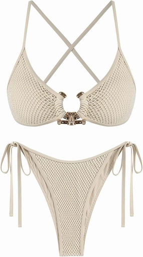 ZAFUL Women's Sexy Cutout Bikini Set High Cut Textured Metal Ring Cheeky Swimsuit Two Piece Bathing Suit