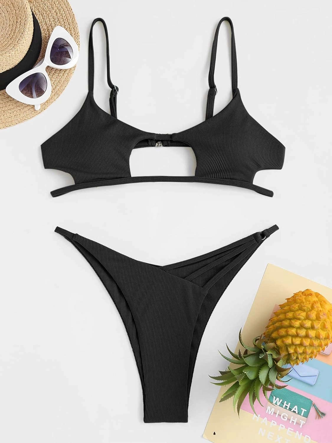 ZAFUL Women's Sexy Cutout Bikini Thong Bikini Set Tie Back Two Piece Swimsuit Bathing Suit