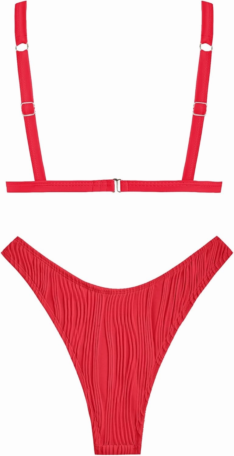 ZAFUL Women's Sexy Two Piece Swimwear Textured Triangle Plunging Neck High Cut Cheeky Bikini Set Solid Color Swimsuit
