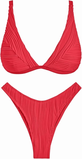 ZAFUL Women's Sexy Two Piece Swimwear Textured Triangle Plunging Neck High Cut Cheeky Bikini Set Solid Color Swimsuit