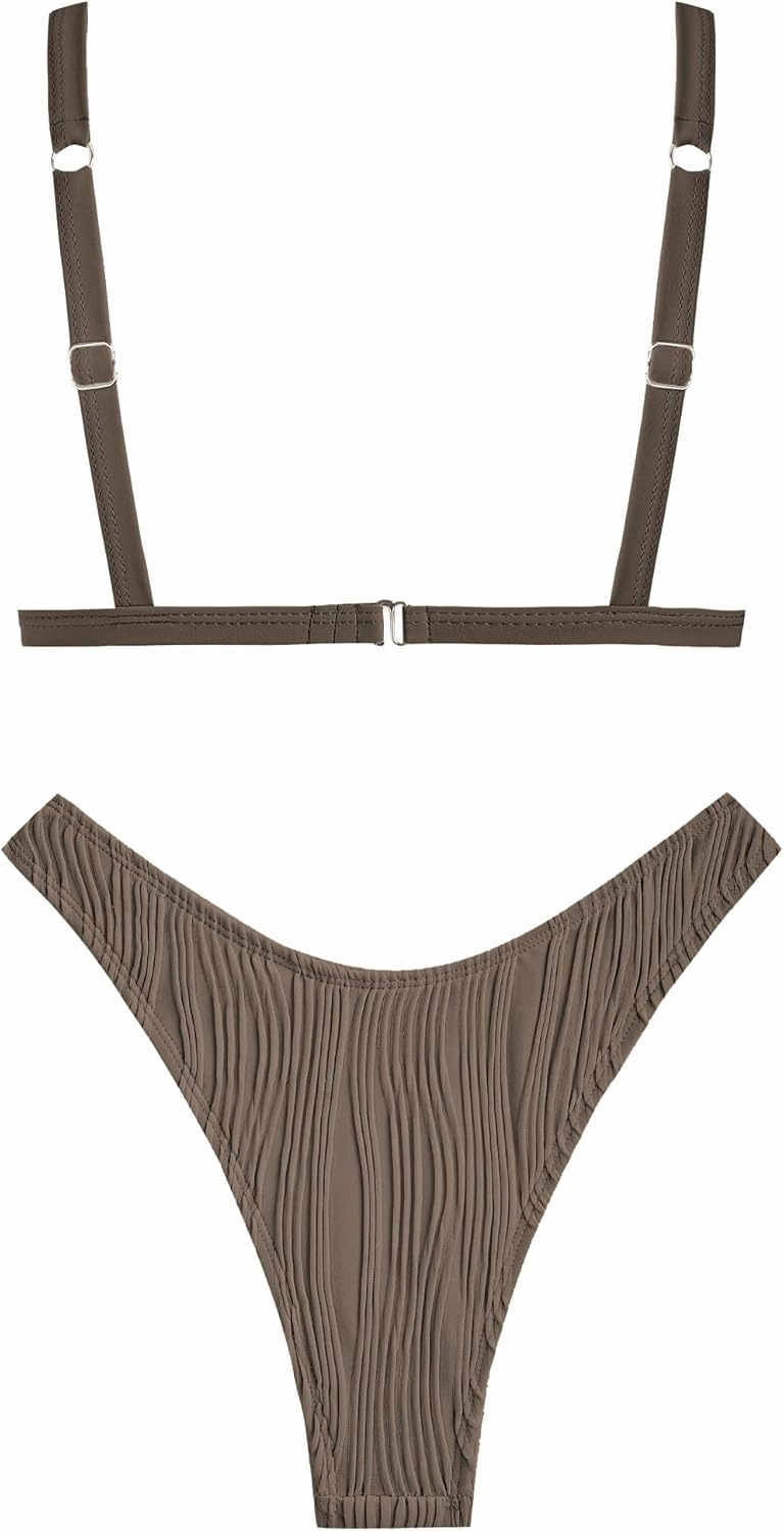 ZAFUL Women's Sexy Two Piece Swimwear Textured Triangle Plunging Neck High Cut Cheeky Bikini Set Solid Color Swimsuit