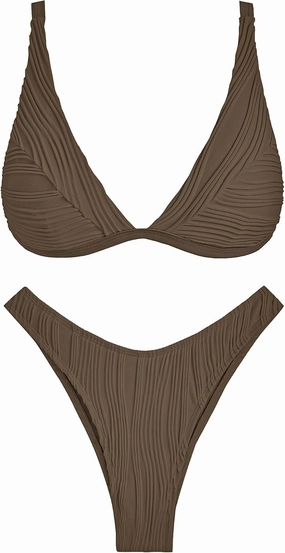 ZAFUL Women's Sexy Two Piece Swimwear Textured Triangle Plunging Neck High Cut Cheeky Bikini Set Solid Color Swimsuit