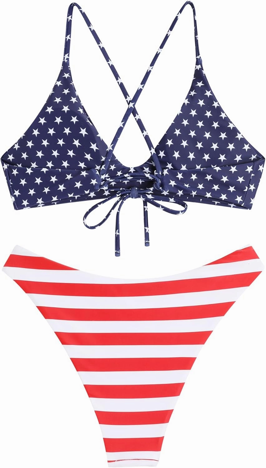 ZAFUL Women's Tie Back Padded High Cut Bralette Bikini Set Two Piece Swimsuit