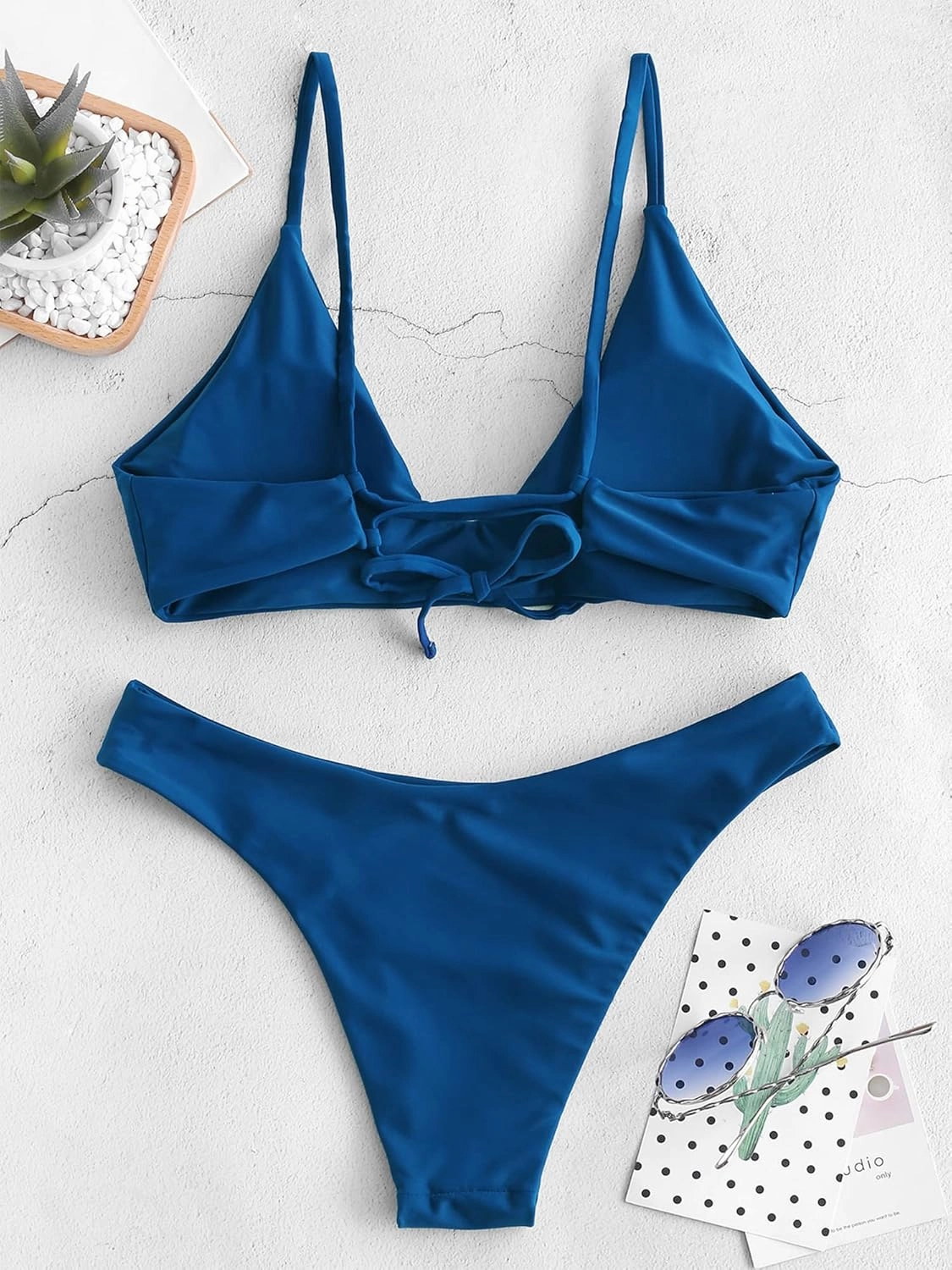 ZAFUL Women's Tie Back Padded High Cut Bralette Bikini Set Two Piece Swimsuit
