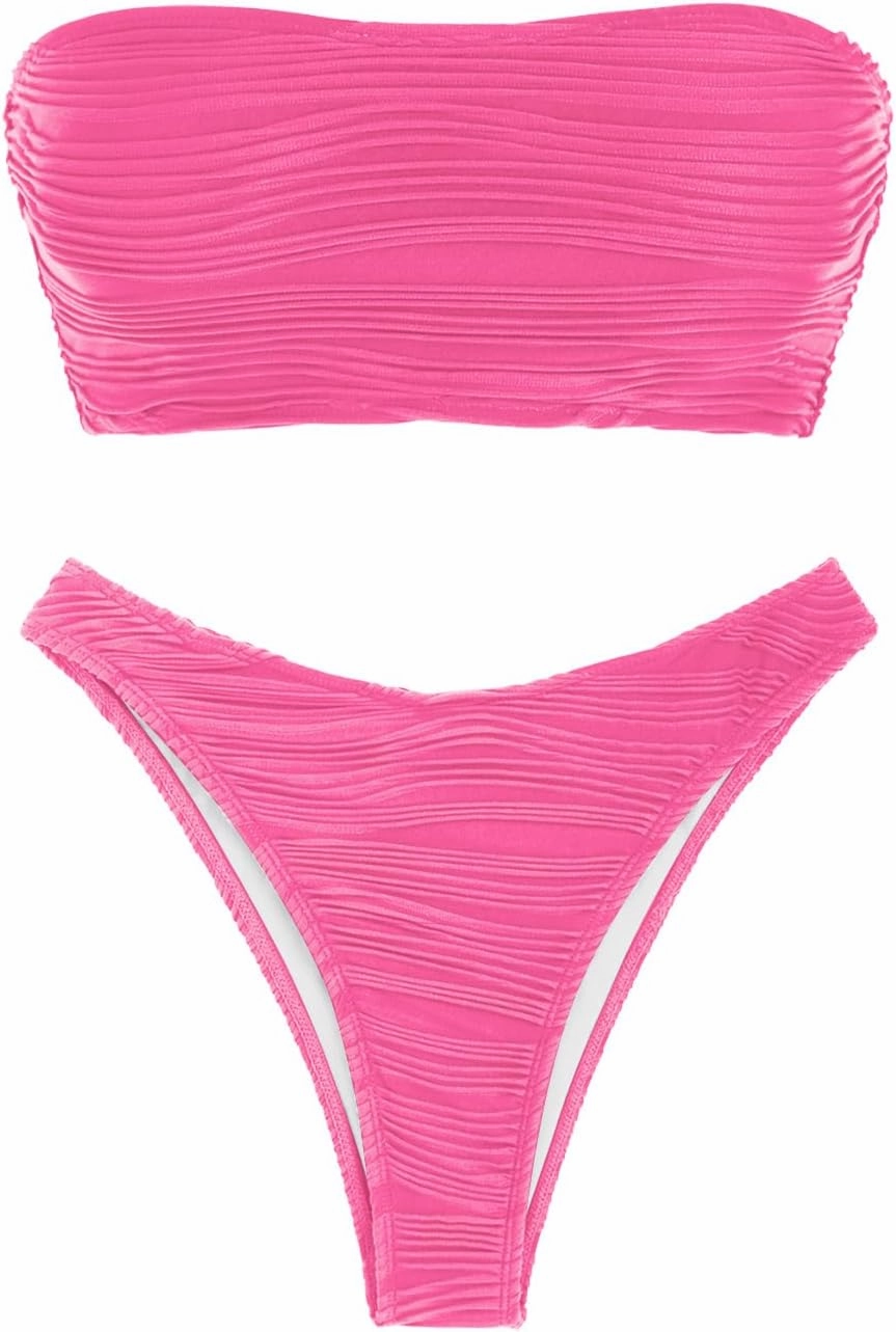 ZAFUL Women Strapless Textured Bandeau Bikini 2 Piece Swimwear Cheeky Solid Lace up Bathing Suits