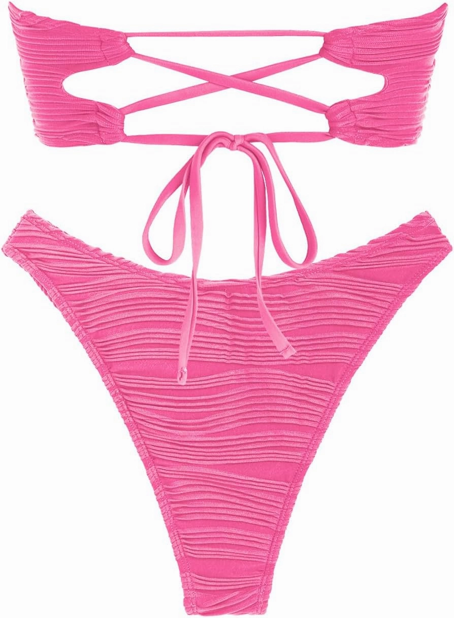 ZAFUL Women Strapless Textured Bandeau Bikini 2 Piece Swimwear Cheeky Solid Lace up Bathing Suits