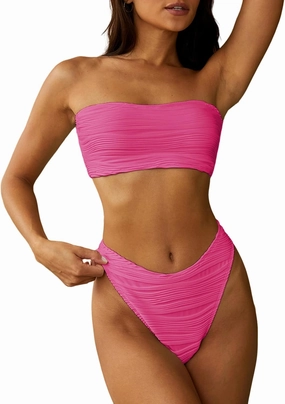 ZAFUL Women Strapless Textured Bandeau Bikini 2 Piece Swimwear Cheeky Solid Lace up Bathing Suits