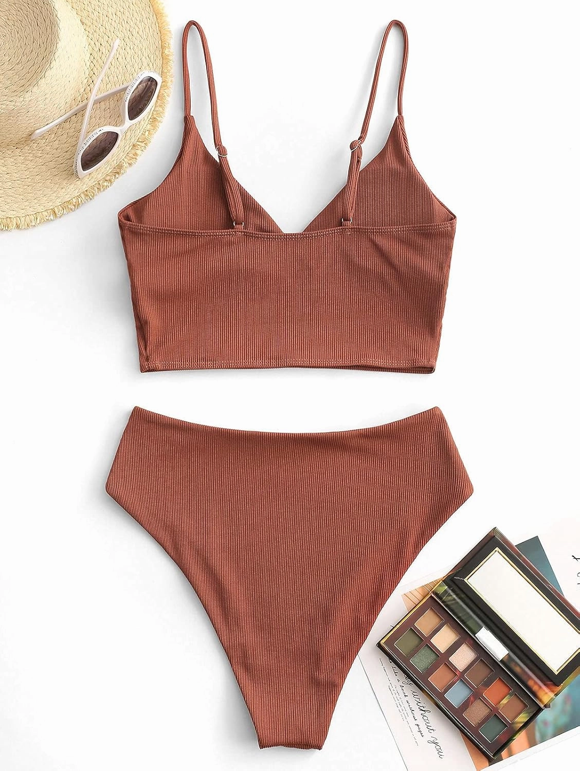 ZAFUL Women Tankini Set, Ribbed High Cut Surplice Swimsuit Bathing Suit with Spaghetti Straps