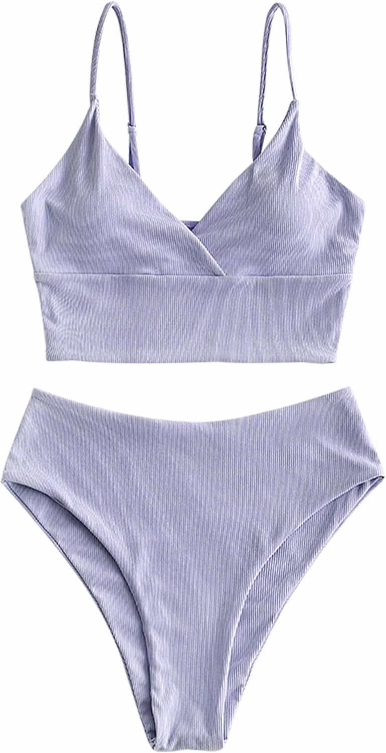 ZAFUL Women Tankini Set, Ribbed High Cut Surplice Swimsuit Bathing Suit with Spaghetti Straps