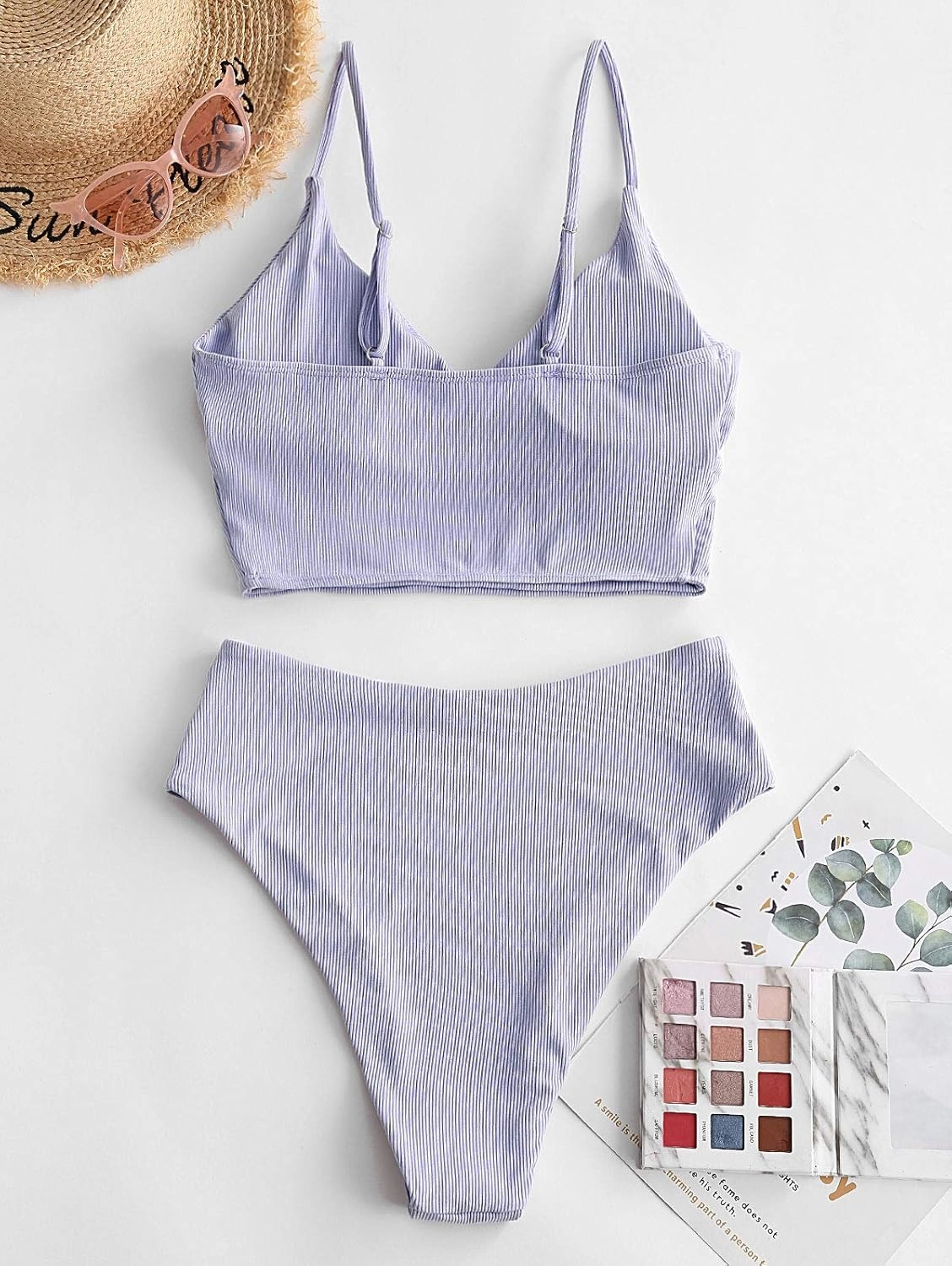 ZAFUL Women Tankini Set, Ribbed High Cut Surplice Swimsuit Bathing Suit with Spaghetti Straps
